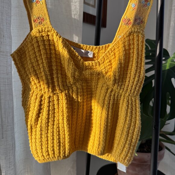 ZARA Yellow Knit Textured Tank with Floral Embroidered Straps – Size L - Picture 7 of 7